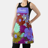 紫はっきりした緑花柄と名前をカスタムする エプロン (インサイチュ)