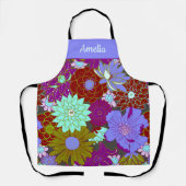 紫はっきりした緑花柄と名前をカスタムする エプロン (正面)
