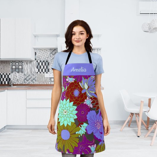 紫はっきりした緑花柄と名前をカスタムする エプロン