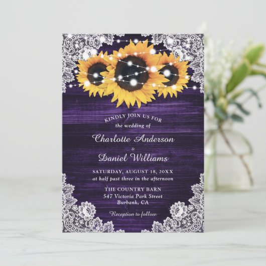 紫ひまわりウッドストリングライト結婚ズ 招待状 (スタンド正面)