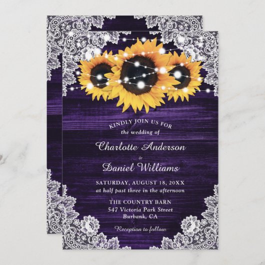 紫ひまわりウッドストリングライト結婚ズ 招待状 (正面/裏面)