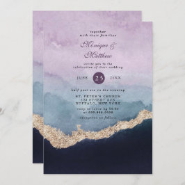 紫ほこりっぽい青い水の色の金ゴールドアゲ結婚ート 招待状