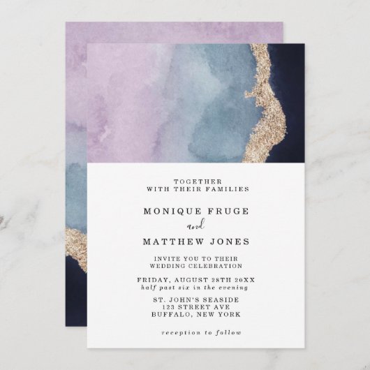 紫ほこりっぽい青い水色アゲート金ゴールド結婚ズ 招待状 (正面/裏面)