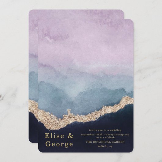 紫ほこりっぽい青い水色アゲート金ゴールド結婚ズ 招待状 (正面/裏面)