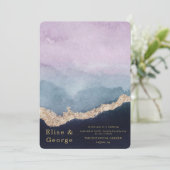 紫ほこりっぽい青い水色アゲート金ゴールド結婚ズ 招待状 (スタンド正面)