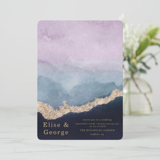 紫ほこりっぽい青い水色アゲート金ゴールド結婚ズ 招待状 (スタンド正面)