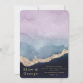 紫ほこりっぽい青い水色アゲート金ゴールド結婚ズ 招待状 (正面)