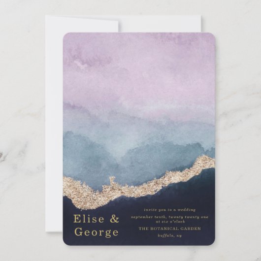 紫ほこりっぽい青い水色アゲート金ゴールド結婚ズ 招待状 (正面)