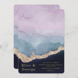 紫ほこりっぽい青い水色アゲート金ゴールド結婚ズ 招待状