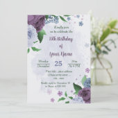 紫ほこりっぽい青い花の緑葉の誕生日 招待状 (スタンド正面)