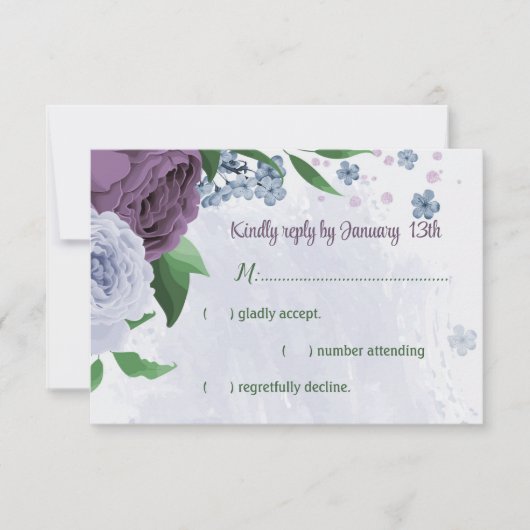 紫ほこりっぽい青い葉花は結婚青 出欠カード (正面)