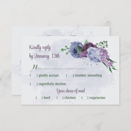 紫ほこりっぽい青い葉花は結婚青 出欠カード (正面/裏面)