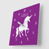 紫またはカスタム色ユニコーンパーソナライズされた子供 スクエア壁時計 (傾斜)