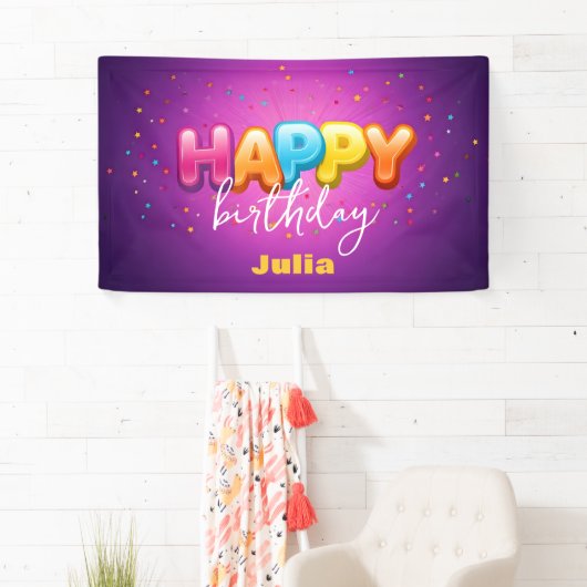 紫よくはしゃぐの上に虹のバブルの誕生日 横断幕 (インサイチュ)