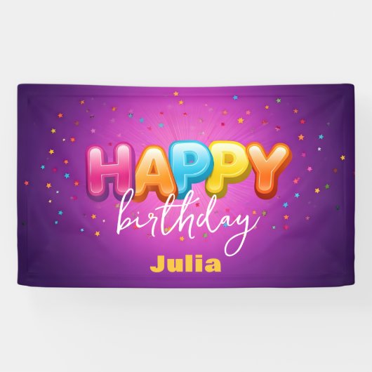 紫よくはしゃぐの上に虹のバブルの誕生日 横断幕 (横)