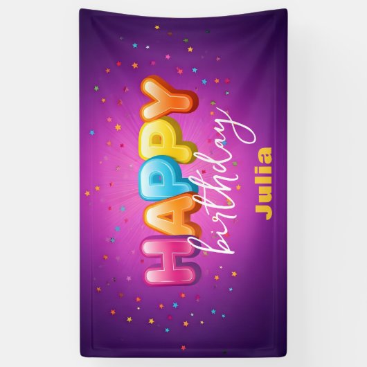 紫よくはしゃぐの上に虹のバブルの誕生日 横断幕 (縦)