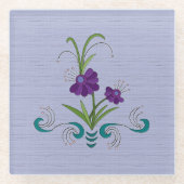 紫よくはしゃぐの花/転倒ティール（緑がかった色）渦巻き ガラスコースター (正面)