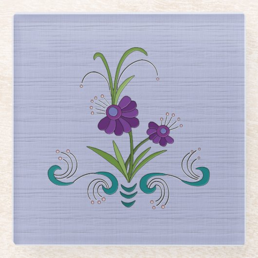 紫よくはしゃぐの花/転倒ティール（緑がかった色）渦巻き ガラスコースター (正面)