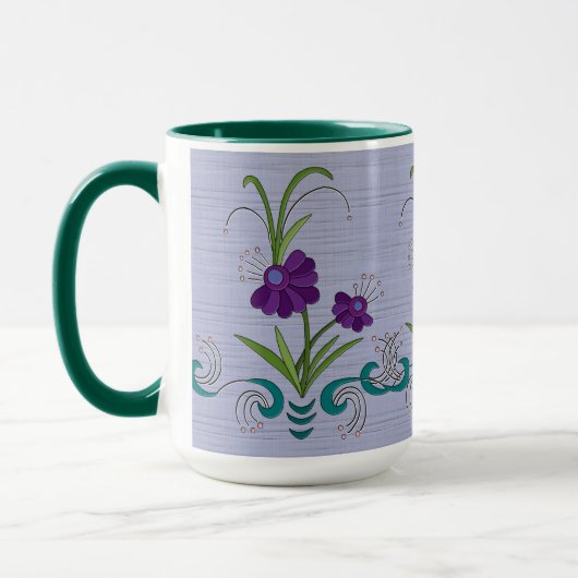 紫よくはしゃぐの花/転倒ティール（緑がかった色）渦巻き マグカップ (左)
