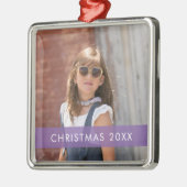 紫アクセントリボン写真テンプレートクリスマスメタ メタルオーナメント (左)