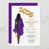 紫アフリカ系アメリカ人女性の卒業式パーティー 招待状 (正面/裏面)