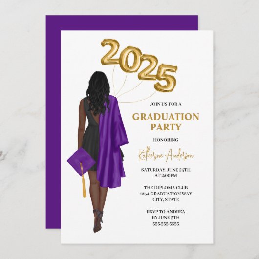 紫アフリカ系アメリカ人女性の卒業式パーティー 招待状 (正面/裏面)