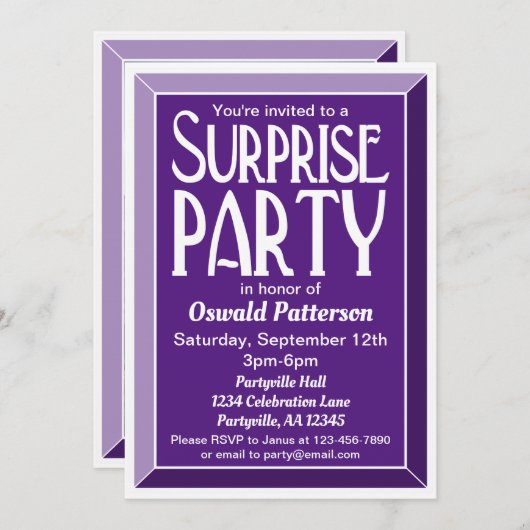 紫アールデコフォト誕生日サプライズパーティー 招待状 (正面/裏面)