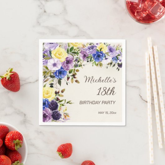 紫イエローウォーター色フローラ18誕生日 スタンダードカクテルナプキン (インサイチュ)