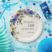 紫イエローウォーター色フローラ18誕生日 ペーパープレート (パーティー)