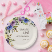 紫イエローウォーター色フローラ18誕生日 ペーパープレート (パーティー)