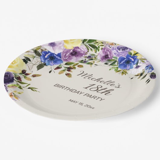 紫イエローウォーター色フローラ18誕生日 ペーパープレート (アングル)