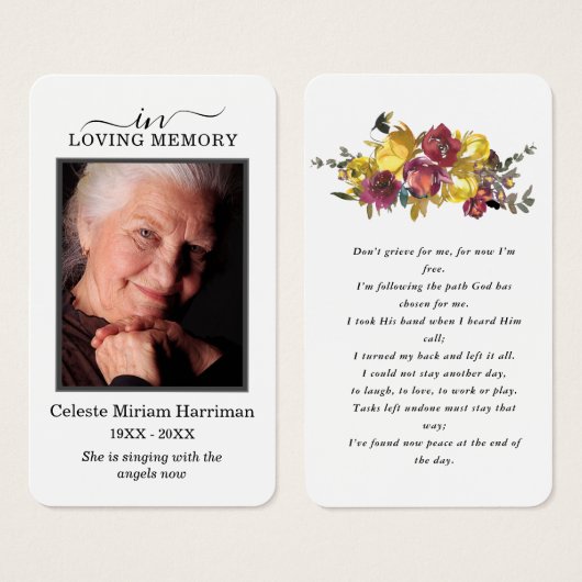 紫イエローフローラ写真葬式祈りの言葉カード (正面&裏面)