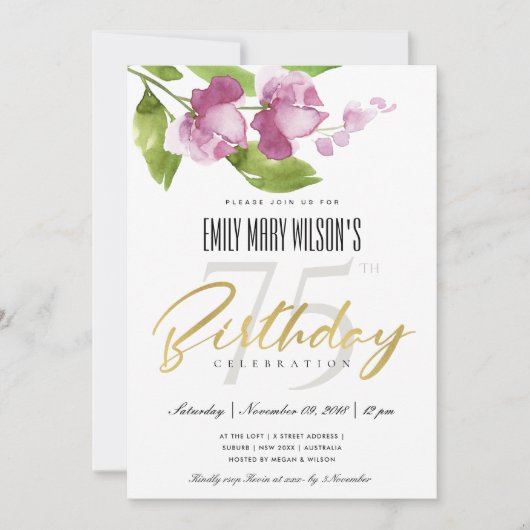 紫インキ洗浄水色フローラ任意の年齢誕生日 招待状 (正面)