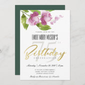 紫インキ洗浄水色フローラ任意の年齢誕生日 招待状 (正面/裏面)
