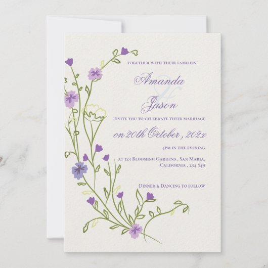 紫エレガントかわいらしの花の枠のフローラ結婚 招待状 (正面)