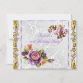 紫エレガントかわいらしピンクローズホワイト誕生日 招待状 (正面)