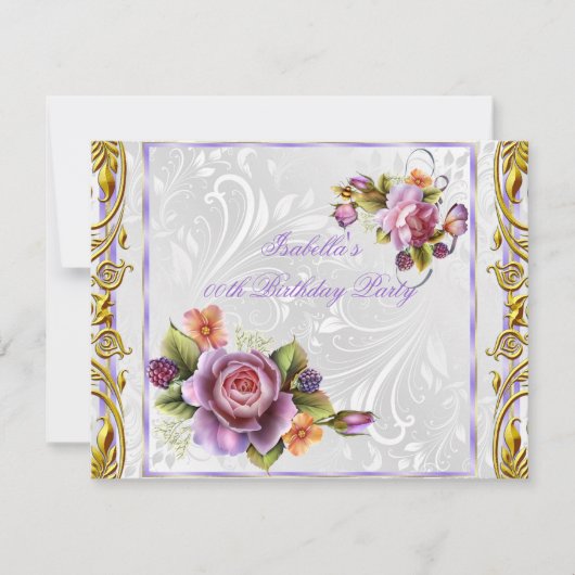 紫エレガントかわいらしピンクローズホワイト誕生日 招待状 (正面)