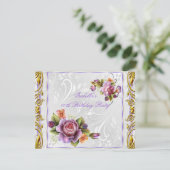 紫エレガントかわいらしピンクローズホワイト誕生日 招待状 (スタンド正面)