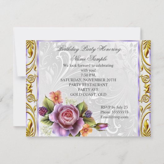紫エレガントかわいらしピンクローズホワイト誕生日 招待状 (裏面)