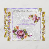 紫エレガントかわいらしピンクローズホワイト誕生日 招待状 (正面/裏面)