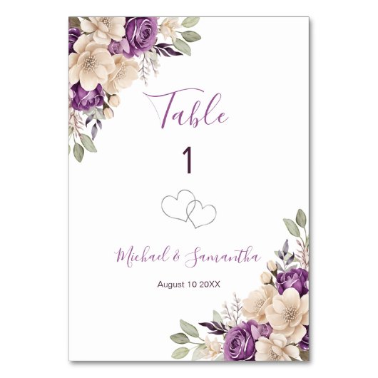 紫エレガントとアイボリーバラ結婚のサイン テーブルナンバー (正面)