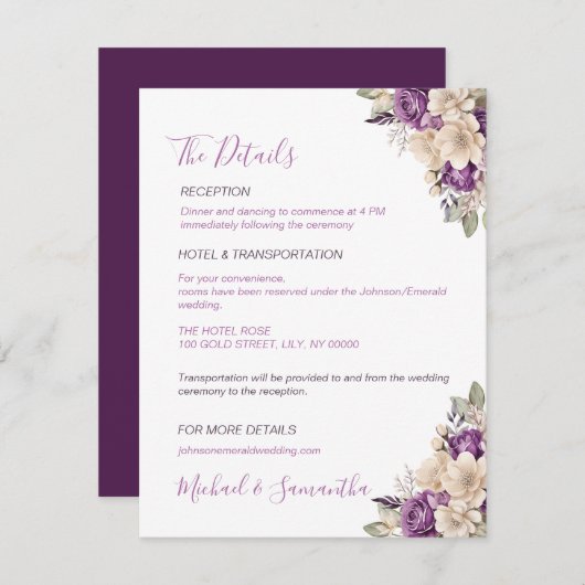 紫エレガントとアイボリーバラ結婚ズ エンクロージャーカード (正面/裏面)