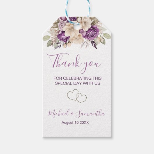 紫エレガントとアイボリーバラ結婚ズ ギフトタグ (正面)