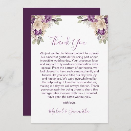 紫エレガントとアイボリーバラ結婚ズ サンキューカード (正面/裏面)