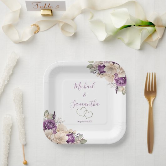 紫エレガントとアイボリーバラ結婚ズ ペーパープレート (ウェディング)