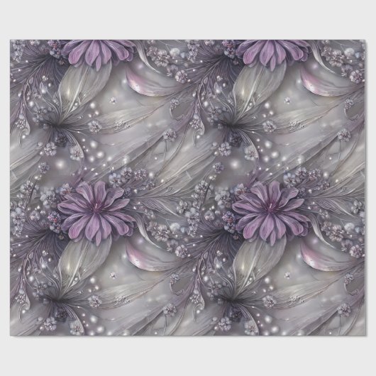 紫エレガントとグレーのフローラ、ビーズとライト ラッピングペーパー (フラット)
