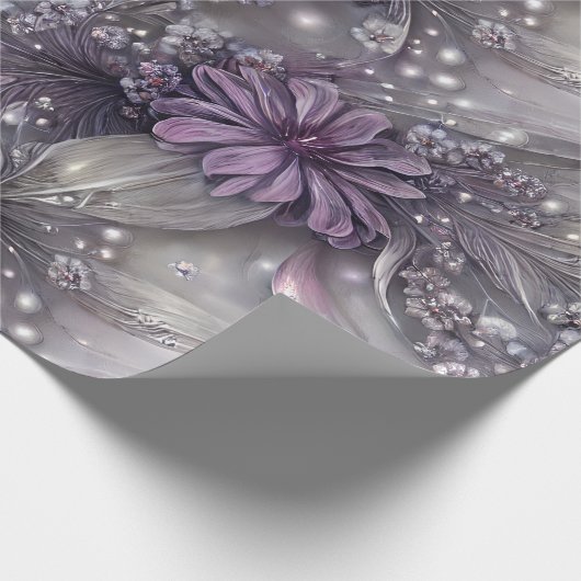 紫エレガントとグレーのフローラ、ビーズとライト ラッピングペーパー (角)
