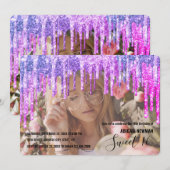 紫エレガントとピンクのグリッターsweet sixteen 招待状 (正面/裏面)