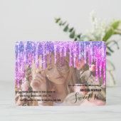 紫エレガントとピンクのグリッターsweet sixteen 招待状 (スタンド正面)