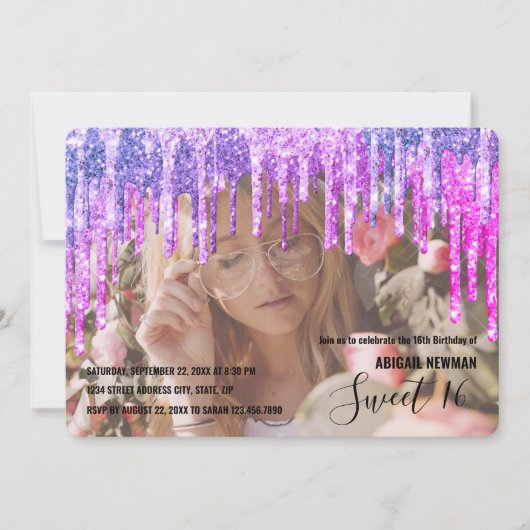 紫エレガントとピンクのグリッターsweet sixteen 招待状 (正面)